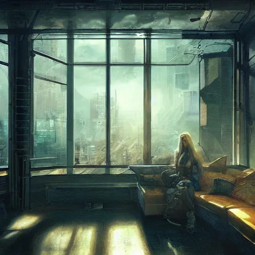 Image similar to cyberpunk living room interior, windows, light rays, buildings, dystoptian, gorgeous view, depth, painted by Seb McKinnon, clouds, tending on artstation