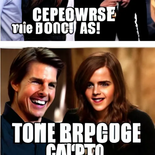 Image similar to ( tom cruise jumping on couch and screaming ) ( emma watson standing in corner )
