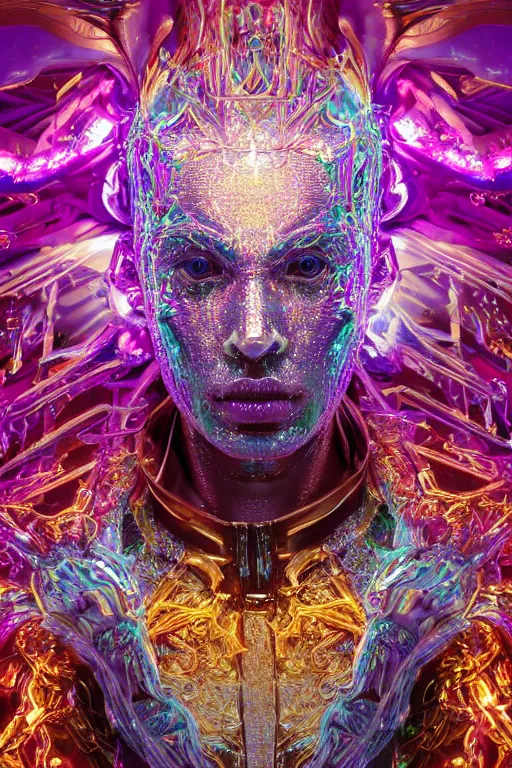 Image similar to hyper detailed ultra sharp portrait of baroque and bladerunner delicate neon ruby sculpture of seductive albino prince royce tigers orange iridescent humanoid deity wearing metallic hoody made out of leaves holding the sun prismatic dungeon, glowing rainbow face, crown of white diamonds, cinematic lighting, photorealistic, octane render 8 k depth of field 3 d