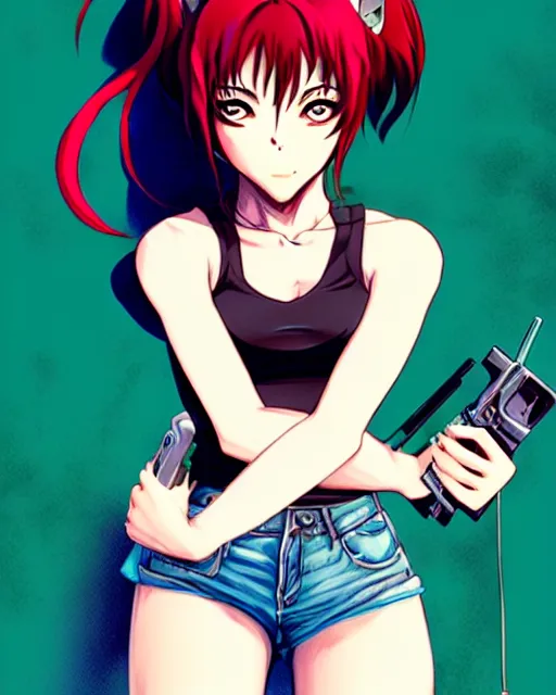 Image similar to style of madhouse studio anime, rei hiroe, loish, artgerm, joshua middleton, portrait of revy from black lagoon, symmetrical eyes and symmetrical face, jean shorts, white tank top, waist up, sarcastic evil smirk on face, natural lighting