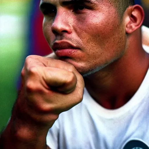 Image similar to real ronaldo fenomeno fc barcelona close up portrait by steve mccurry, year 1 9 9 5