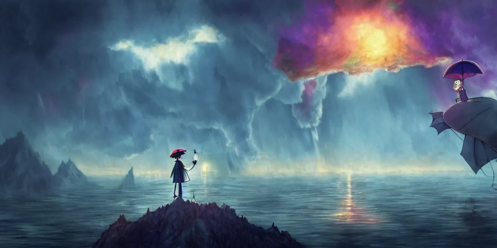 Image similar to a realistic and atmospheric cell - shaded concept art from howl's moving castle ( 2 0 0 4 ) of a multi - colored dragon in the air. a man with an umbrella is standing in a boat in a flooded city. it is a misty starry night. very dull muted colors, hd, 4 k, hq