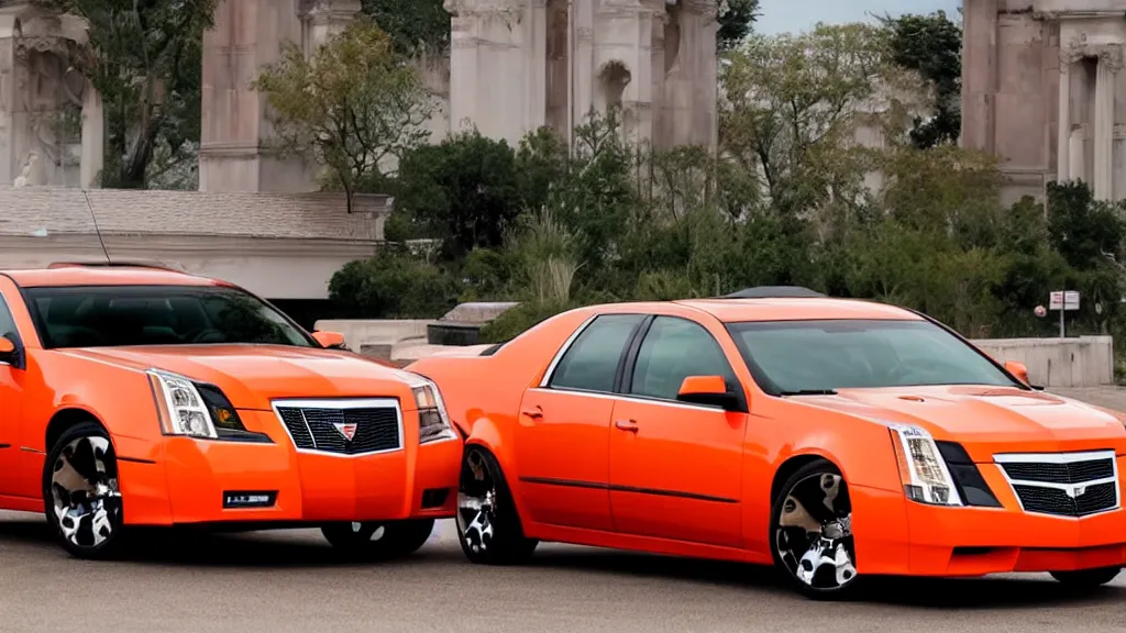 Prompt: A Pontiac Grand Am crossed with a Cadillac CTS-V, orange and black