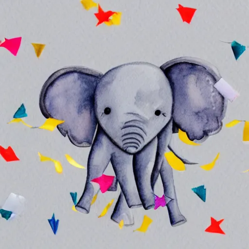 Image similar to watercolor gray baby elephant with trunk up in air and confetti flying in air, white background, blank background