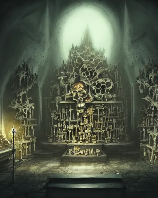 Image similar to full color, low ultrawide interior shot of sedlec ossuary, bones, smooth concept art in anime style mixed with fujifilm, dark, foggy, atmospheric, artstation, cgsociety, rendered, denoise, cinematic masterpiece