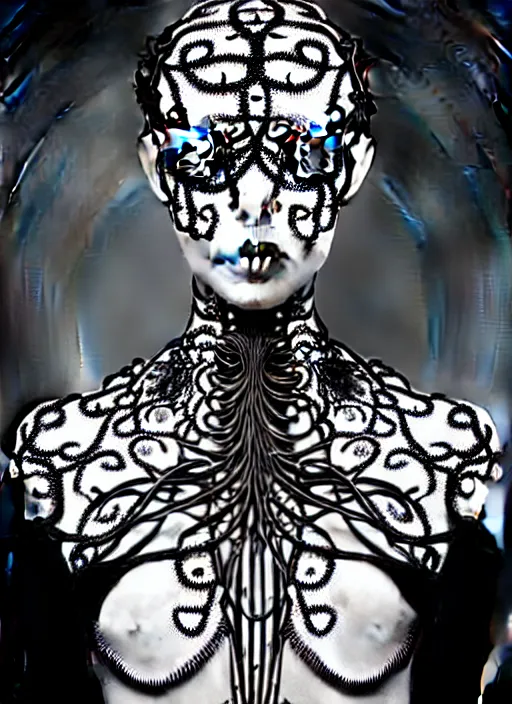 Image similar to surreal black and white photo portrait of complex bio-mechanical beautiful young female vegetal-cyborg with a Mandelbrot fractal steampunk metal fine lace face, a very long neck and a fine metal floral foliage super big lace collar by Alexander McQueen:: high fashion, haute couture, rococo, steampunk, silver filigree details, anatomical, facial muscles, cable wires, microchip, elegant, dreamy, foggy, hyper realistic, 150 mm lens, soft rim light, octane render, unreal engine, picture was taken in 1910 by Dora Maar, volumetric lighting, dramatic light,8k,