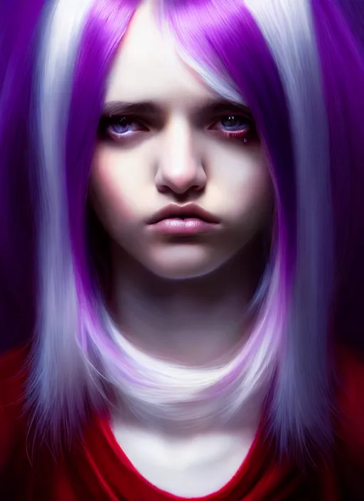 Prompt: hair whitebangs hair, portrait of teenage girl with white bangs, red irises, black hair, purple clothes, white bangs, bangs are different color from hair, intricate, elegant, glowing lights, highly detailed, digital painting, artstation, concept art, smooth, sharp focus, illustration, art by wlop, mars ravelo and greg rutkowski
