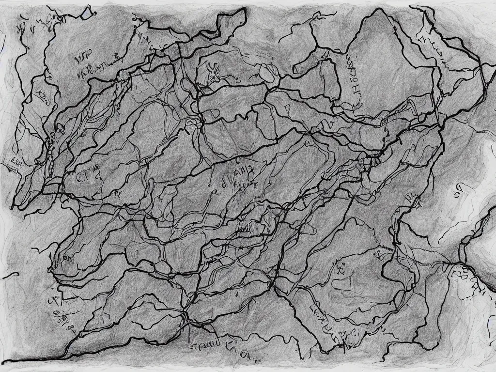 Prompt: A map of South Carolina's cave system, Ink drawing by Deven Rue, fine point pen
