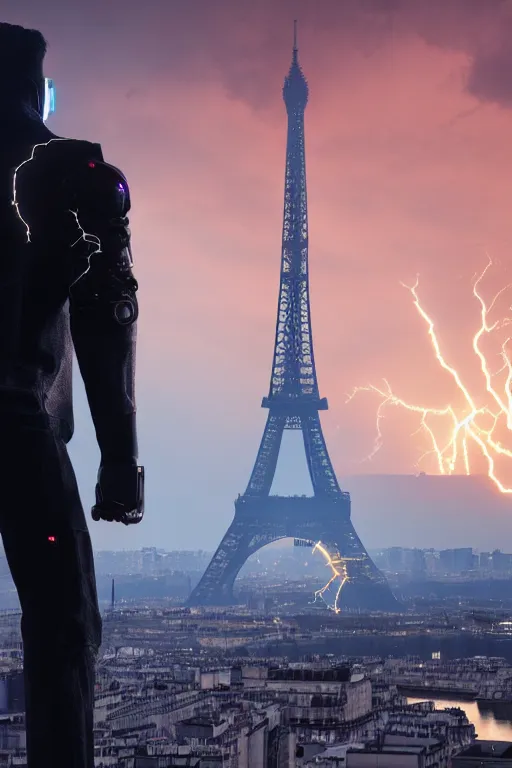 Prompt: in the foreground Paris, in the background a dark-haired man from behind playing with lightning coming out of his hands wearing a long matrix-style jacket, realistic, high definition, many details, dramatic scene, symmetrical face, realistic eyes, cyberpunk art 2077