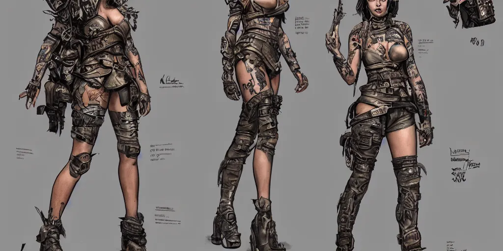 Prompt: ana de armas as a tattooed armored wanderer pinup, wearing scratched and ripped leather shorts and a short jacket full of stamps and stitches, character sheet, fine details, concept design, contrast, kim jung gi, greg rutkowski, trending on artstation, 8 k, full body, turnaround, front view, back view, ultra wide angle