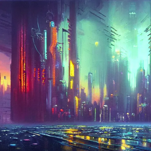 Prompt: a Stunning oil painting of A Great cyberpunk city on the sea by Paul Lehr,concept art,80s sci fi,hyper detailed,8K Resolution