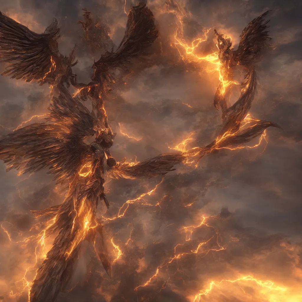 Image similar to a giant angel with many wings and eyes, fiery clouds, thunder, unreal engine, very detailed