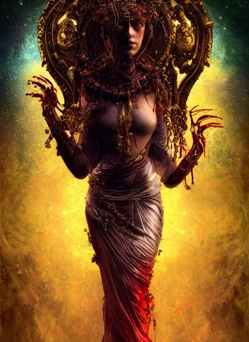 Prompt: epic portrait of menacing, agitated and crying with blood yet stunningly beautiful biomechanical djinn the unwilling god of creation overseeing the iridescent fabric of the universe, by charlie bowater, mandy jurgens, gustav klimt, octane render, dramatic camera angle, 4k, 8k, high detail, HDR, by tom bagshaw, powerful, with inspiration from Beksinski, inspired by greek goddess Athena