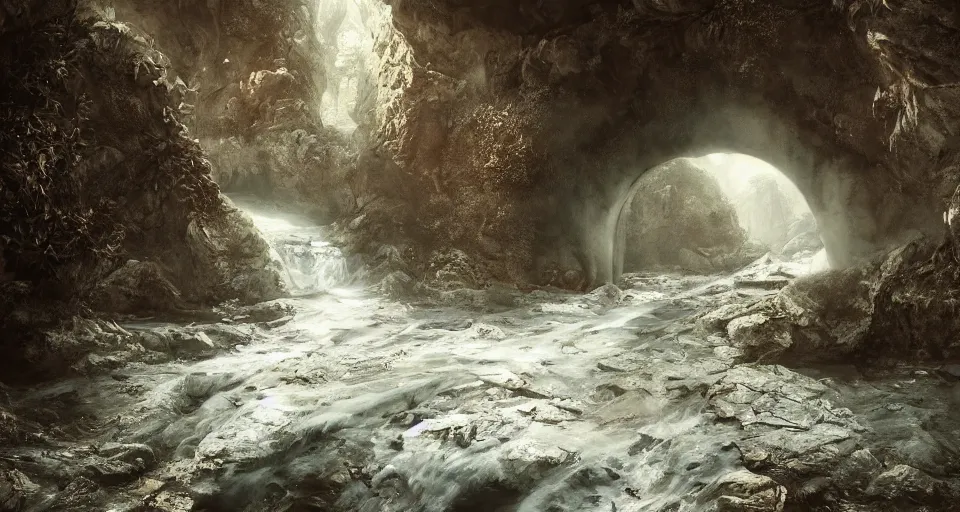 Image similar to a beautiful landscape painting, an ancient tunnel water running down the walls that is alive, by sam guay, moody lighting, hyperrealism, 4 k, octane render