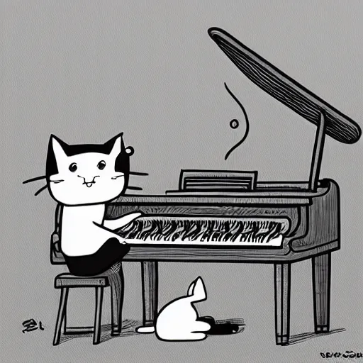 Prompt: cute cartoon cat playing the piano, style of moebius, james jean, mcbess, cinematic, highly detailed, award winning, 8 k photorealistic