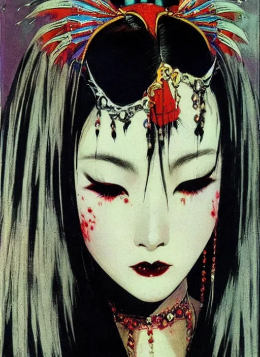 Prompt: female korean vampiress, jeweled headdress, heavy mascara, strong line, saturated color, beautiful! coherent! by frank frazetta, high contrast, minimalism