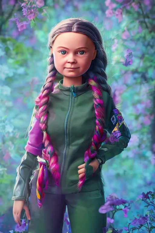 Image similar to greta thunberg as a barbie doll, vivid colors, high details, cinematic, 8k resolution, beautiful detailed, photorealistic, digital painting, artstation, concept art, smooth, sharp focus, illustration, fantasy background, artstation trending, octane render, unreal engine