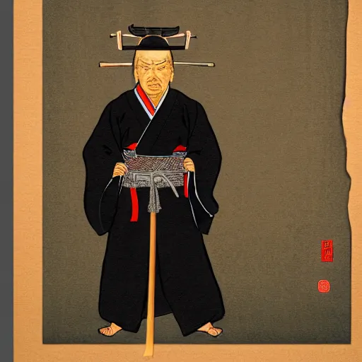 Image similar to donald trump dressed as a samurai holding a katana in a japanese edo period ink block painting, 4 k, hyper realistic, dslr, high resolution, landscape, beautiful