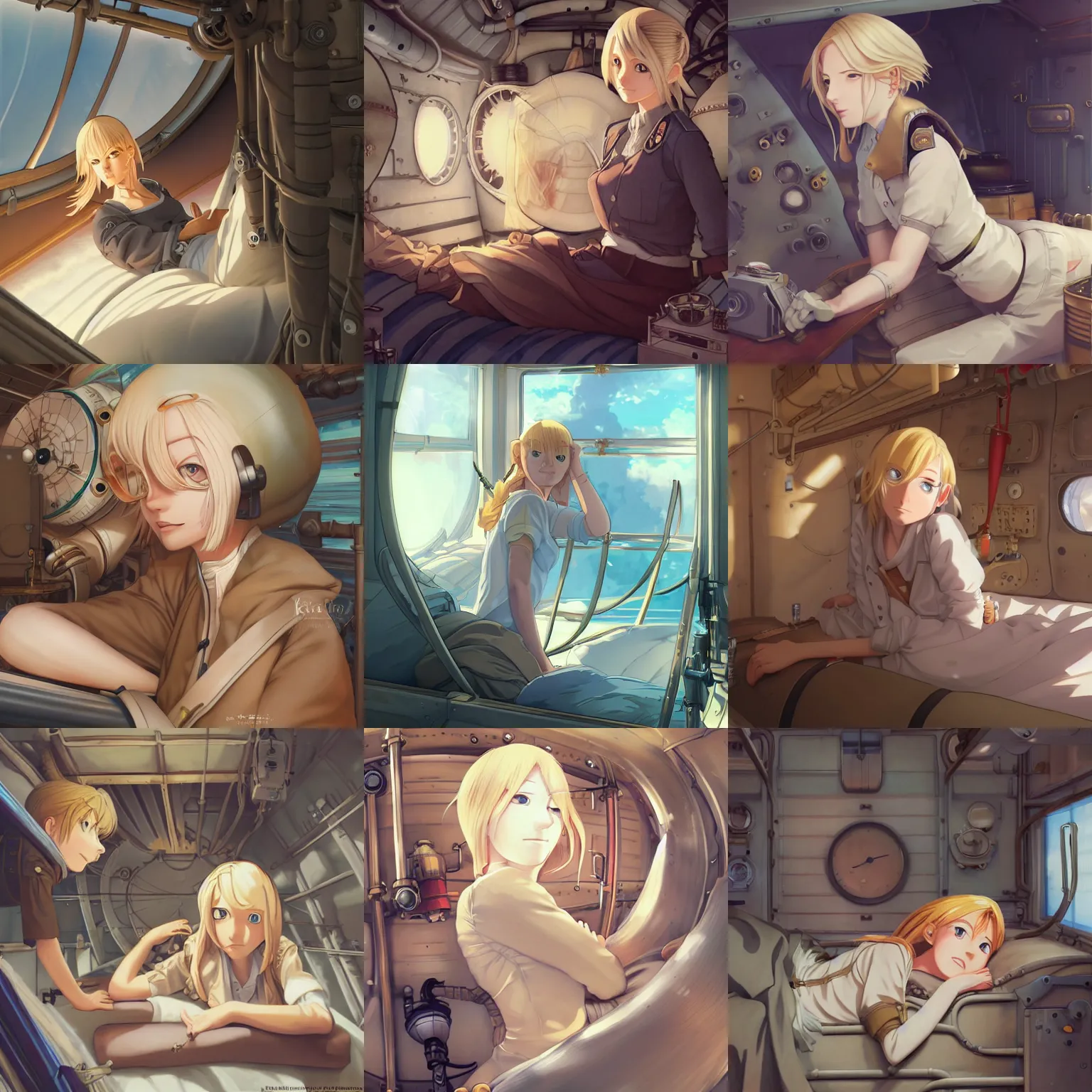 Prompt: Blonde female airship mechanic waking up in her cramped bunk, steampunk, defined facial features, highly detailed, illustration, Makoto Shinkai and Studio Ghibli animated film still, by Ilya Kuvshinov and Range Murata