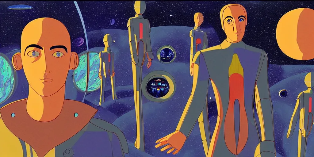 Prompt: traditional drawn colorful animation a symmetrical portrait of lonely single Alain Delon alone pilot in posing in spaceship station planet captain bridge outer worlds robots extraterrestrial hyper contrast well drawn in Jean Henri Gaston Giraud animation film The Masters of Time FANTASTIC PLANET La planète sauvage animation by René Laloux