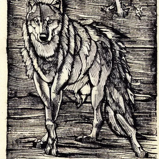 Image similar to wolf by albrecht durer. woodcut.