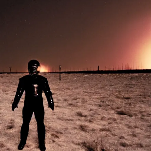 Image similar to photograph of a man clad in shining black metallic armor holding a piece of back wool, standing in front of a nuclear wasteland at night