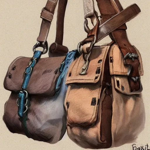 Image similar to close-up of bags attached to belt, small bags made of cotton, detail, style of Frank Frazetta, concept art, trending on artstation, Dungeon and Dragons