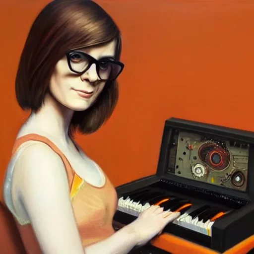 Prompt: realistic painting portrait of a 35 year old woman with brown hair, orange glasses, synthesizer, computer, steampunk, vivid colors