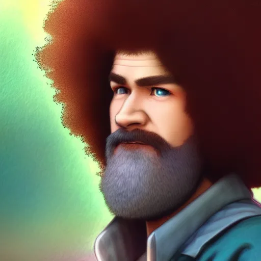 Image similar to a portrait of a Bob Ross , fantasy, David production, anime, HDR, natural light, shoulder level shot, dynamic pose, award winning photograph, Mucha style 4k,