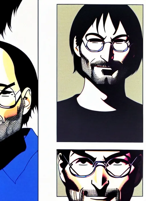 Image similar to steve jobs manga in color, final page, portrait, by katsuhiro otomo and hiroya oku and makoto yukimura