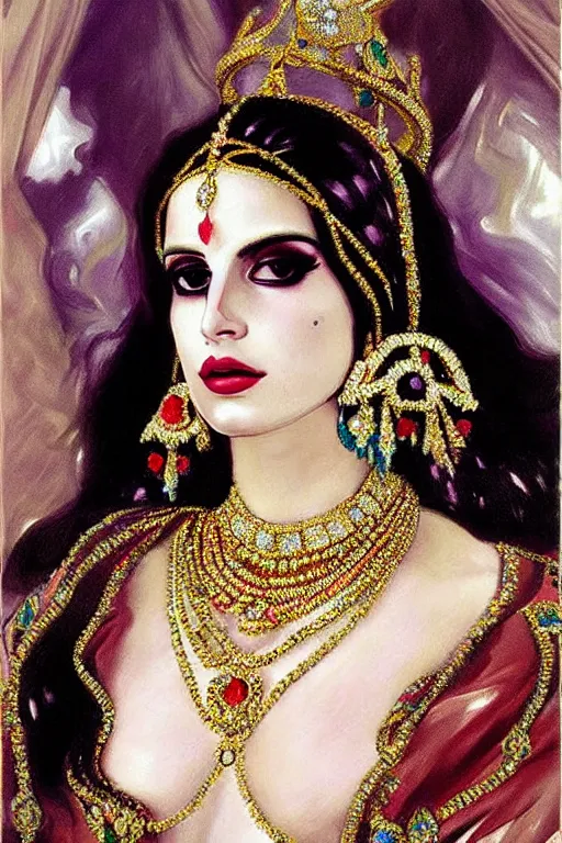 Image similar to roses, diamonds, textile style, highly detailed, mosaic painting of lana del rey as shiva, clear facial features by john singer sargent, beautiful extravagant costume details, jewelry.