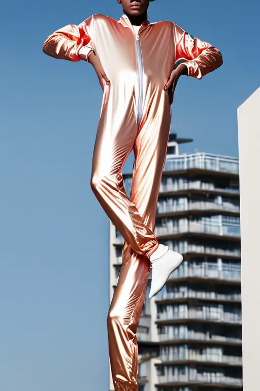 Image similar to un ultra high definition studio quality photographic art portrait of a young man standing on the rooftop of a british apartment building wearing soft baggy inflatable padded iridescent pearlescent jumpsuit. three point light. extremely detailed. golden ratio, ray tracing, volumetric light, shallow depth of field. set dressed.