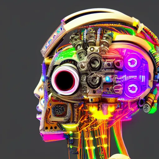 Prompt: a detailed vcyberpunk aztec rococo robot head wearing multicolored wires and headphone, 8 k, front view, symetrical, flourescent colors, halluzinogenic, multicolored, exaggerated detailed, front shot, 3 d render, octane