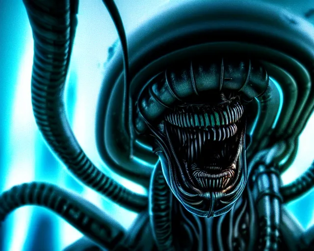 Image similar to 2 8 mm closeup portrait of a wet slimy dripping xenomorph alien in science fiction spaceship hallway, dramatic lighting, octane, blue lights, lens flare, industrial, dirty, trending on artstation, golden ratio, h. r. giger, mist, action, volumetric lighting