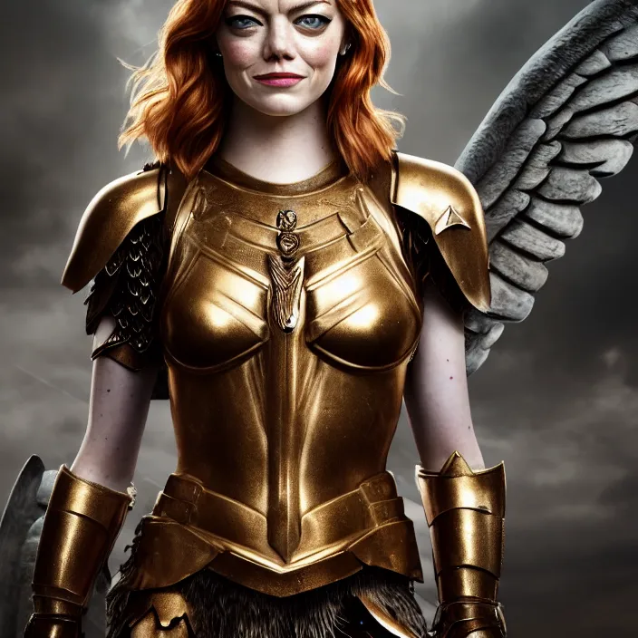 Prompt: professional full length photograph of emma stone as a valkyrie warrior. Extremely detailed. 8k