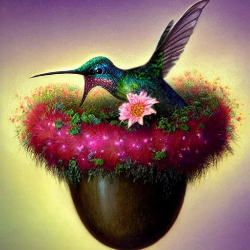 Image similar to long shot of a very fluffy hummingbird chick nesting in a floral cup, esao andrews, by m. w. kaluta, humorous illustration, hyperrealistic, tilt shift, warm colors, night scenery, low light, 3 d octane render, 4 k, volumetric lights, smooth, cosy atmosphere, conceptart, hyperdetailed, trending on deviantart