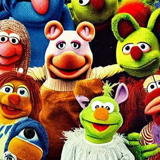 Image similar to painting of muppets and teletubbies and furbies, in the style of hieronymus bosch and johannes vermeer