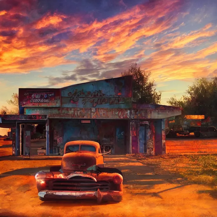 Image similar to a sunset light landscape with historical route 6 6, lots of sparkling details and sun ray ’ s, blinding backlight, smoke, volumetric lighting, colorful, octane, 3 5 mm, abandoned gas station, old rusty pickup - truck, beautiful epic colored reflections, very colorful heavenly, softlight