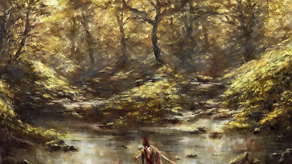 Image similar to A beautiful, highly detailed, masterpiece, next to a small crystal clear river, oil painting by Greg Rutkowski.