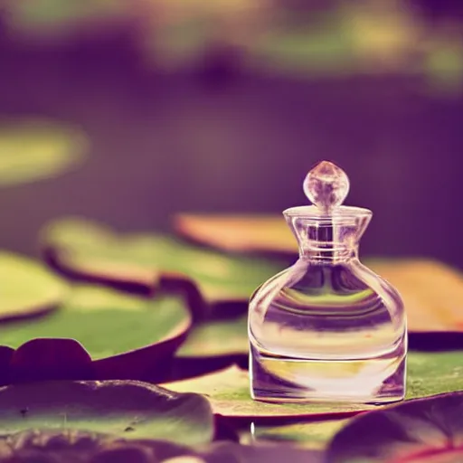 Image similar to perfume bottle sitting on a lilypad in the middle of a blue lake, close up shot, upfront, surrounded by tropical leaves, blurred tropical background, softly - lit, soft - warm, zen, light, modern minimalist f 2 0 clean