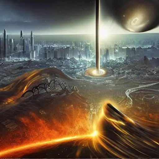 Image similar to black hole rising above city, city destroyed by shockwave, digital art, art by gonzalo fuenmayor, asher brown durand