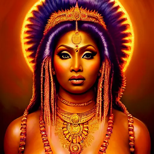 Image similar to majestic gracious deity nicki minaj dressed as a stunning hindu goddess, stunning portrait, ancient greece, elysium, atmospheric lighting, painted, intricate, volumetric lighting, beautiful, rich deep colours masterpiece, golden hour, sharp focus, ultra detailed, by leesha hannigan, ross tran, thierry doizon, kai carpenter, ignacio fernandez rios