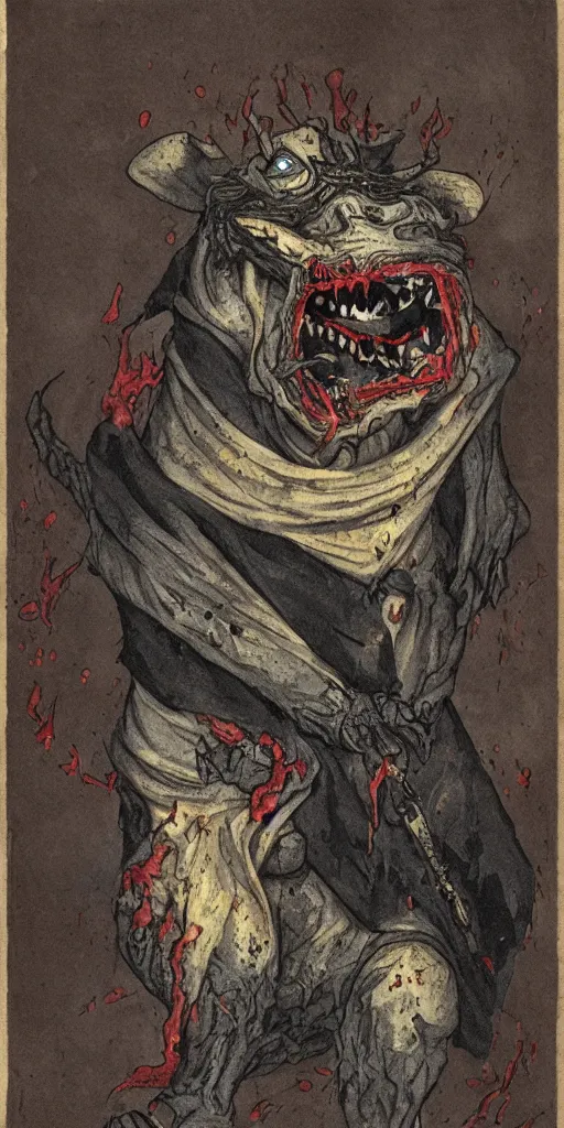 Image similar to an undead rat with rotted face and glowing red eyes wearing black tattered robes and holding two blue flames