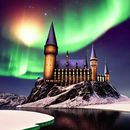 Image similar to “Hogwarts School of Witchcraft and Wizardry with the norther lights in the background. Octane render, 4k, 8k, unreal 5, very detailed, hyper control-realism, trending on artstation.”