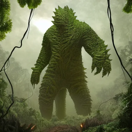 Image similar to a giant kaiju made of plants and twisting vines rising above the forest. fantasy art by daren bader and joan tuset, trending on artstation.