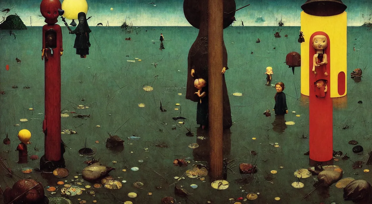 Image similar to single flooded simple!! doll totem!! pole, very coherent and colorful high contrast masterpiece by norman rockwell franz sedlacek hieronymus bosch dean ellis simon stalenhag rene magritte gediminas pranckevicius, dark shadows, sunny day, hard lighting