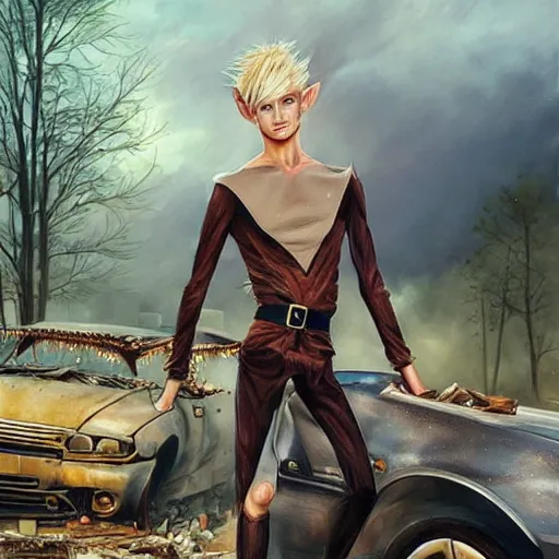 Image similar to a skinny elf with spiky blonde hair wearing dark brown overalls and holding dynamite standing next to a destroyed car, painting by artgerm