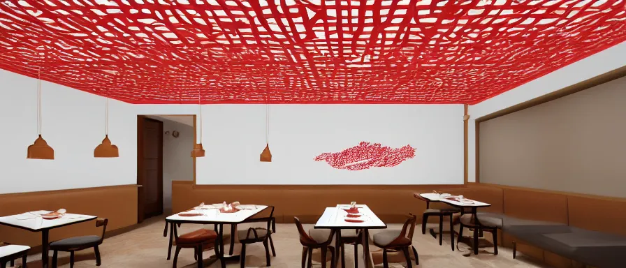 Image similar to a beautiful simple interior render of small roasted string hotpot restaurant restaurant yan'an, wall corner, from china, red paper wall and white tile floor, rectangle white porcelain table, fine simple delicate structure, chinese style, simple composition, simple style structure decoration design, victo ngai, 4 k hd