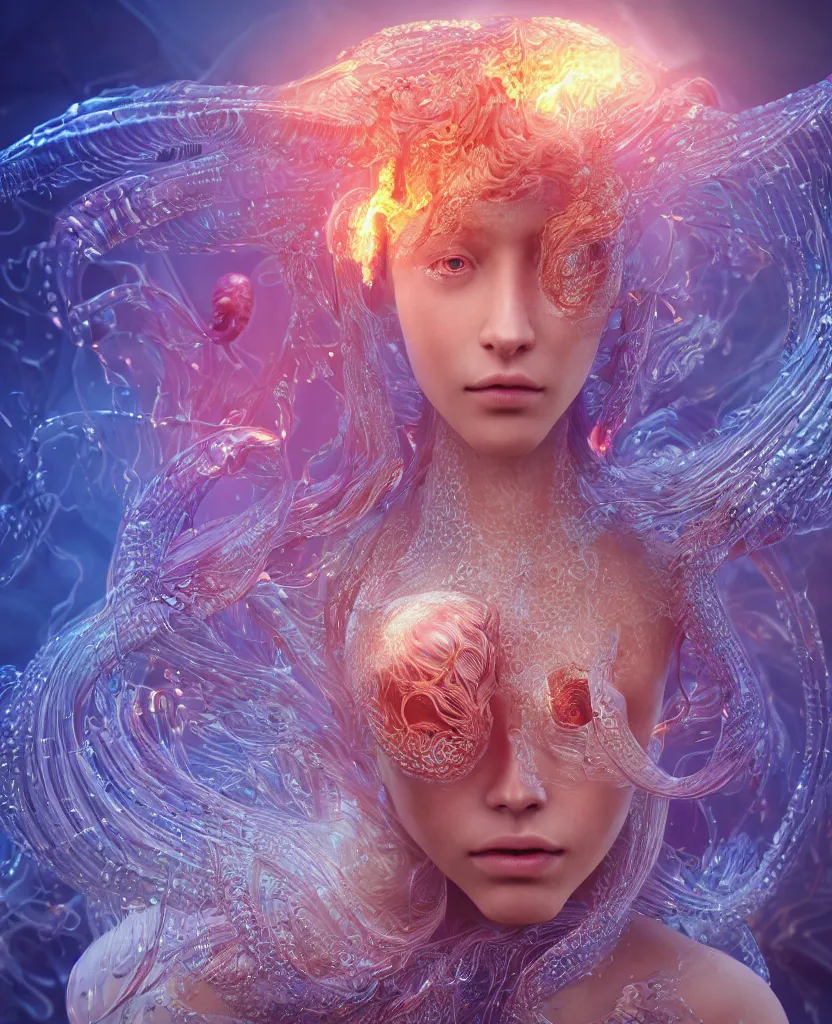 Image similar to close-up macro portrait of the face of a beautiful princess, epic angle and pose, symmetrical artwork, 3d with depth of field, blurred background, cybernetic jellyfish female face skull phoenix bird, translucent, nautilus, energy flows of water and fire. a highly detailed epic cinematic concept art CG render. made in Maya, Blender and Photoshop, octane render, excellent composition, cinematic dystopian brutalist atmosphere, dynamic dramatic cinematic lighting, aesthetic, very inspirational, arthouse. y Greg Rutkowski, Ilya Kuvshinov, WLOP, Stanley Artgerm Lau, Ruan Jia and Fenghua Zhong