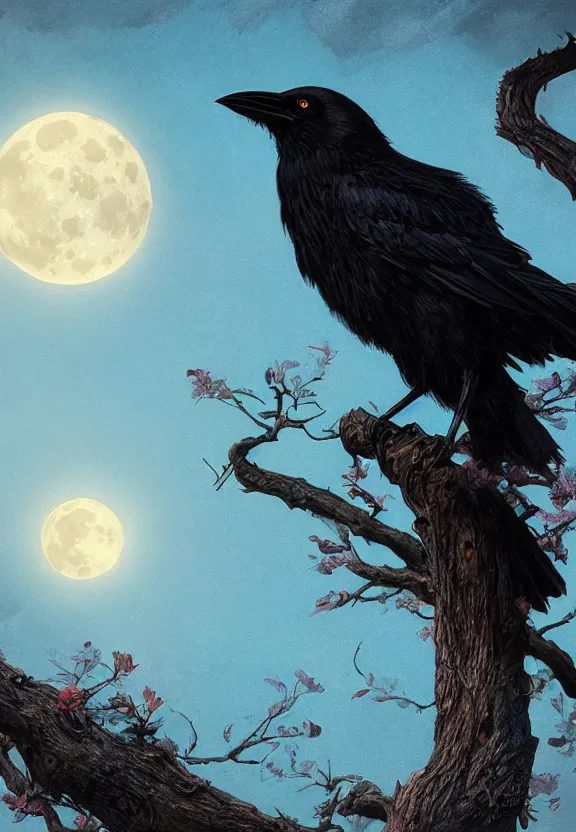 Image similar to crow on tree in front of the full big moon, highly detailed, digital painting, artstation, concept art, smooth, sharp focus, illustration, Unreal Engine 5, 8K, art by artgerm and greg rutkowski and alphonse mucha